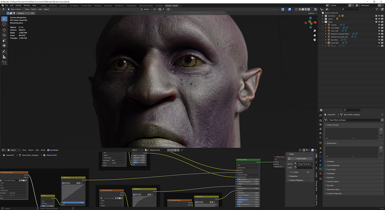 Blender 3d head model photorealistic skin shading